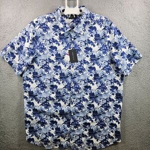 $89 NEW Perry Ellis Shirt Men 2XLT Stretch Button Short Sleeve Floral Blue White